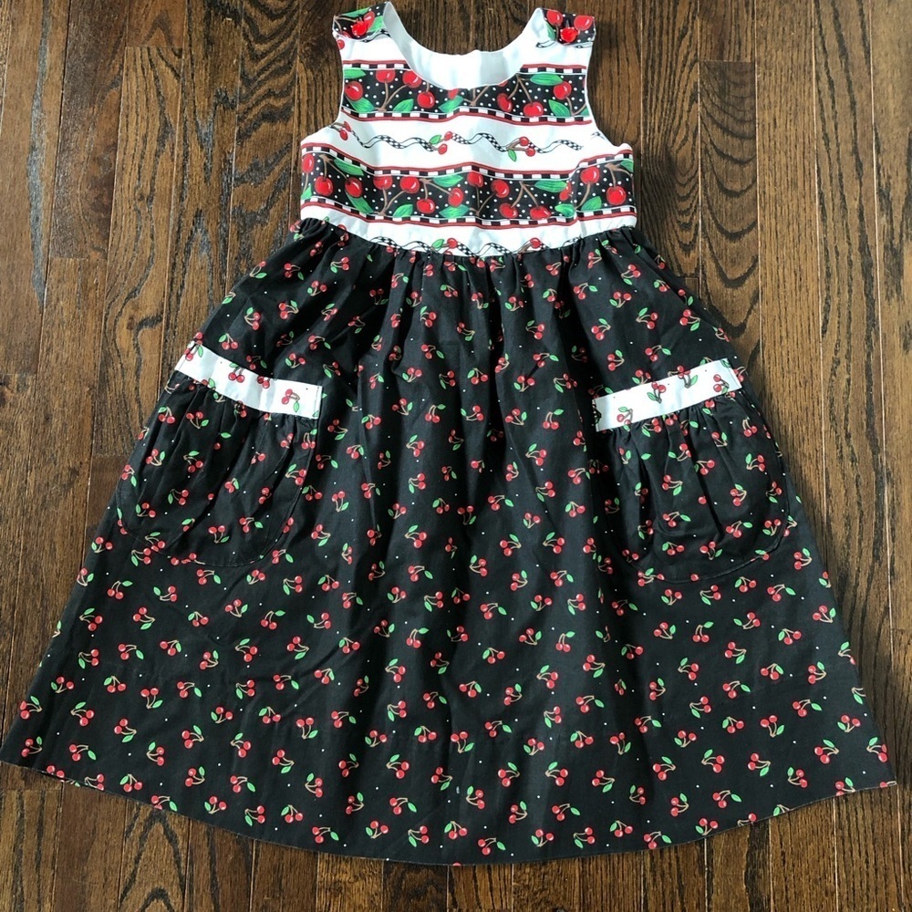 Vintage Girls 8-10 Black/Red Cherries A-Line Sleeveless Midi Dress w/Pockets - Picture 1 of 10